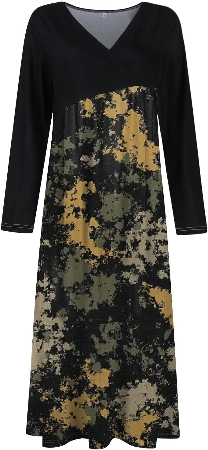 Womens Light Spring Long Sleeve Maxi Dresses Loose Fitted Camo Print V Neck Dress