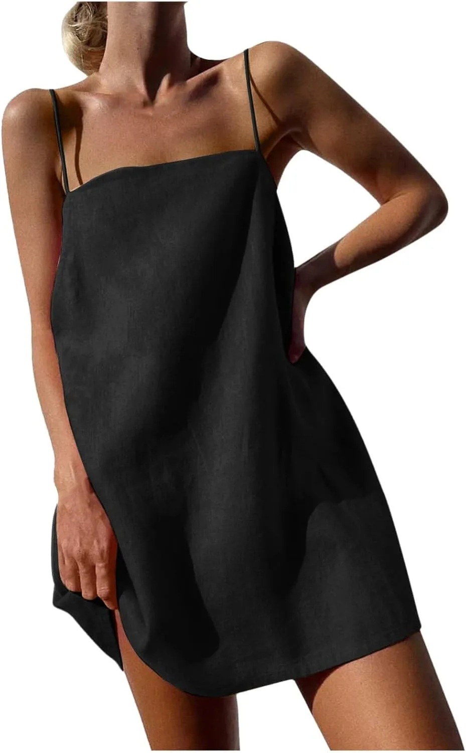 Womens Linen Spaghetti Strap Dress Sleeveless Cami A-Line Mini Dresses Cute Beach Party Comfortable Vacation Sundress