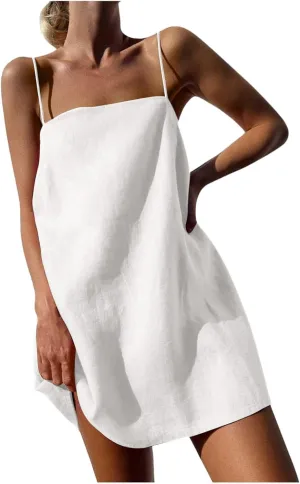Womens Linen Spaghetti Strap Dress Sleeveless Cami A-Line Mini Dresses Cute Beach Party Comfortable Vacation Sundress