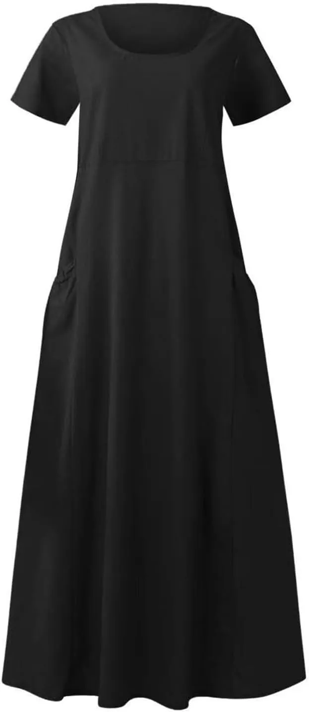 Women's Long Linen Cotton Summer Dresses Short Sleeve Elegant Flowy Dresses Loose Solid Loungewear Dress with Pockets