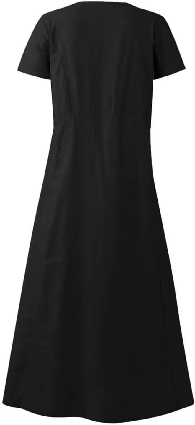 Women's Long Linen Cotton Summer Dresses Short Sleeve Elegant Flowy Dresses Loose Solid Loungewear Dress with Pockets
