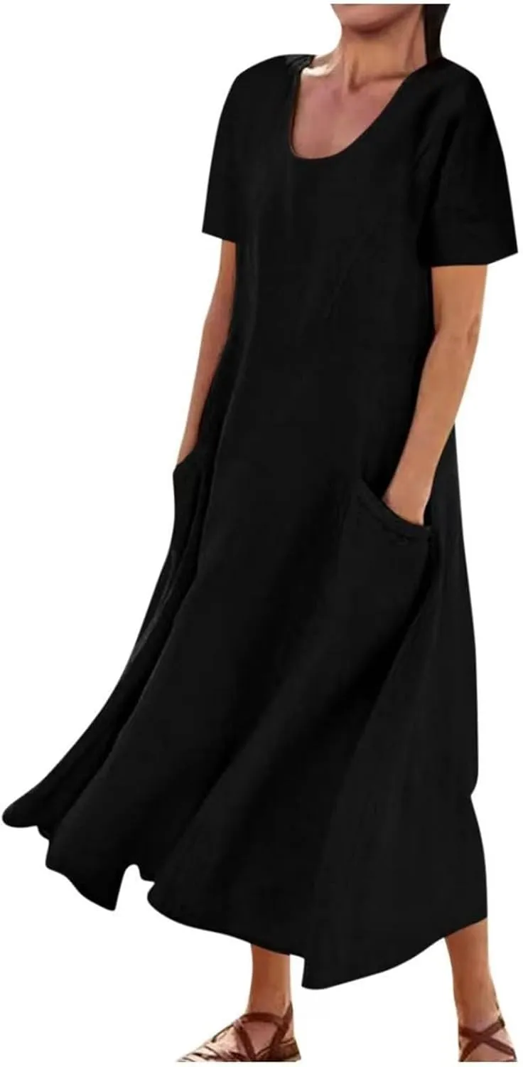 Women's Long Linen Cotton Summer Dresses Short Sleeve Elegant Flowy Dresses Loose Solid Loungewear Dress with Pockets