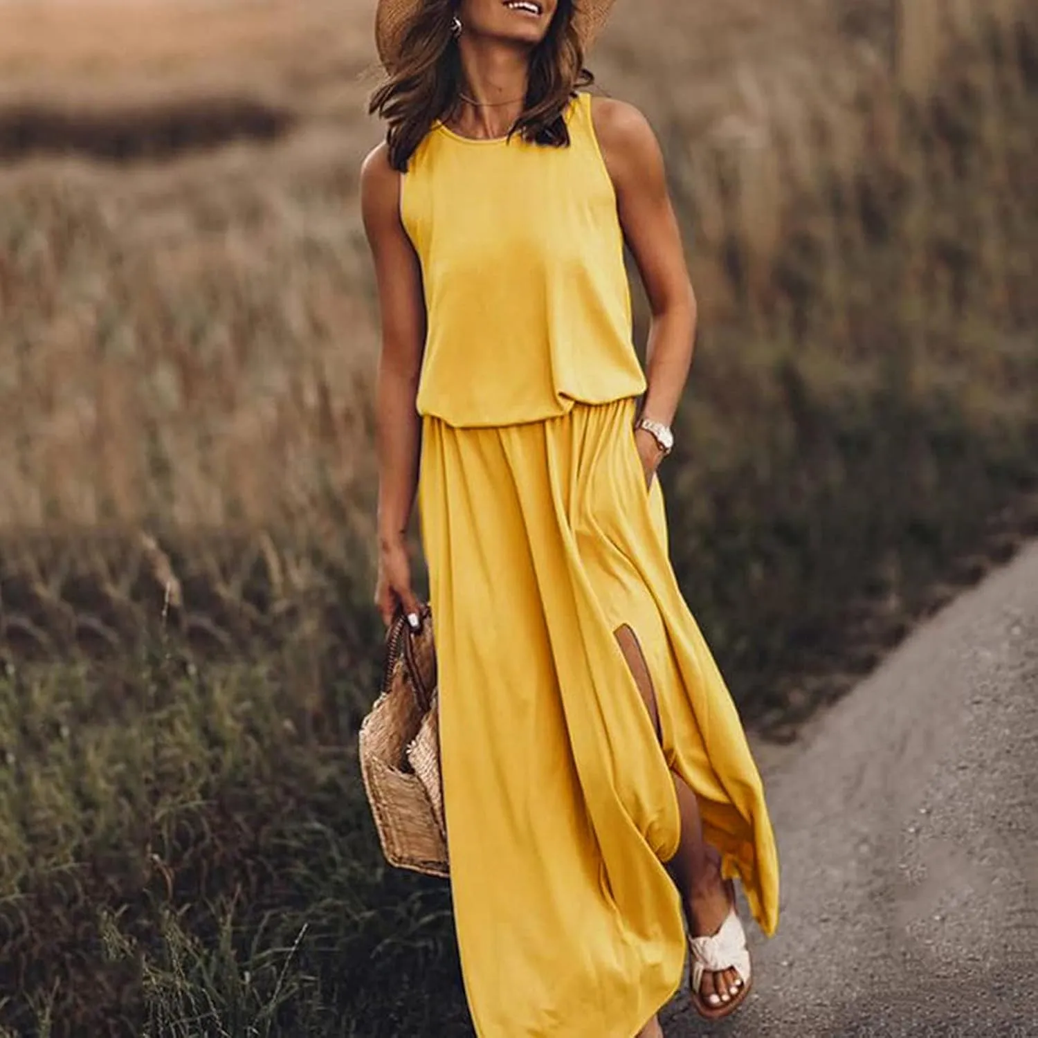 Women's Loose Sleeveless Long Dress Split Maxi Summer Beach Dress with Pockets Solid Work Casual Comfy Dresses