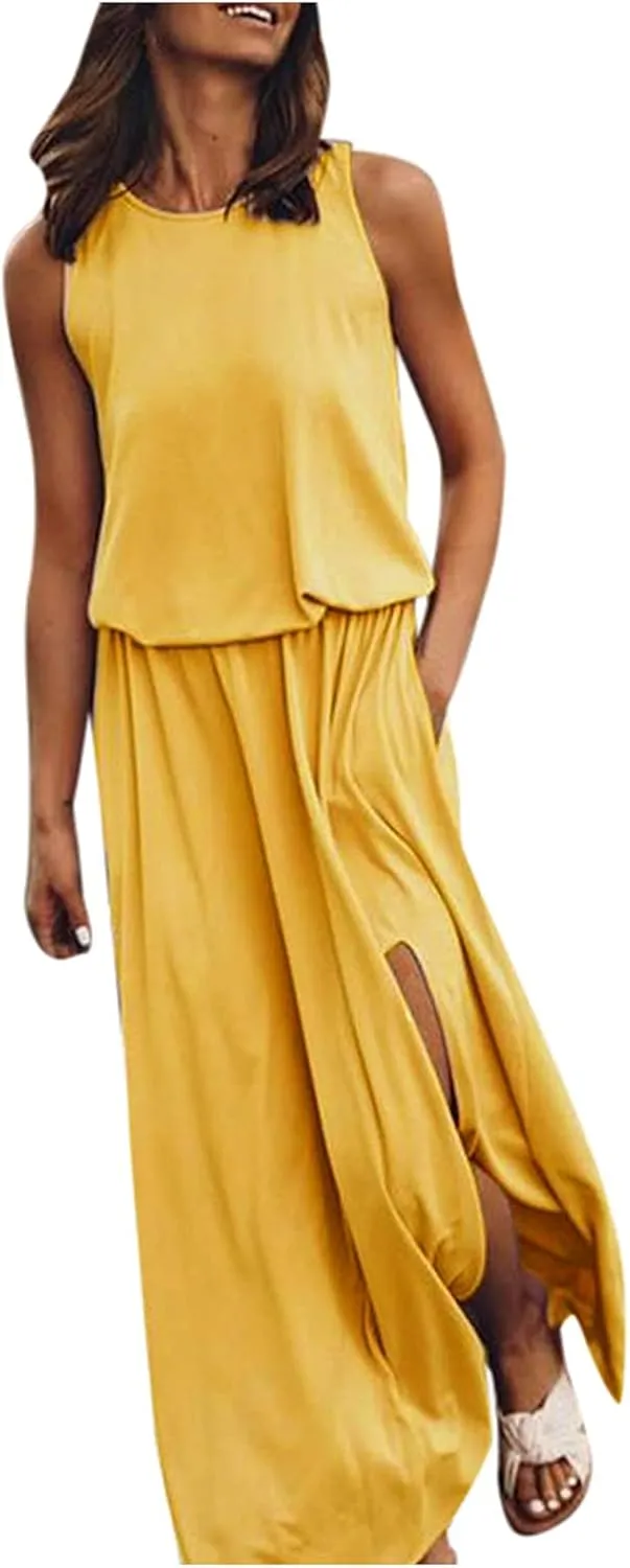Women's Loose Sleeveless Long Dress Split Maxi Summer Beach Dress with Pockets Solid Work Casual Comfy Dresses