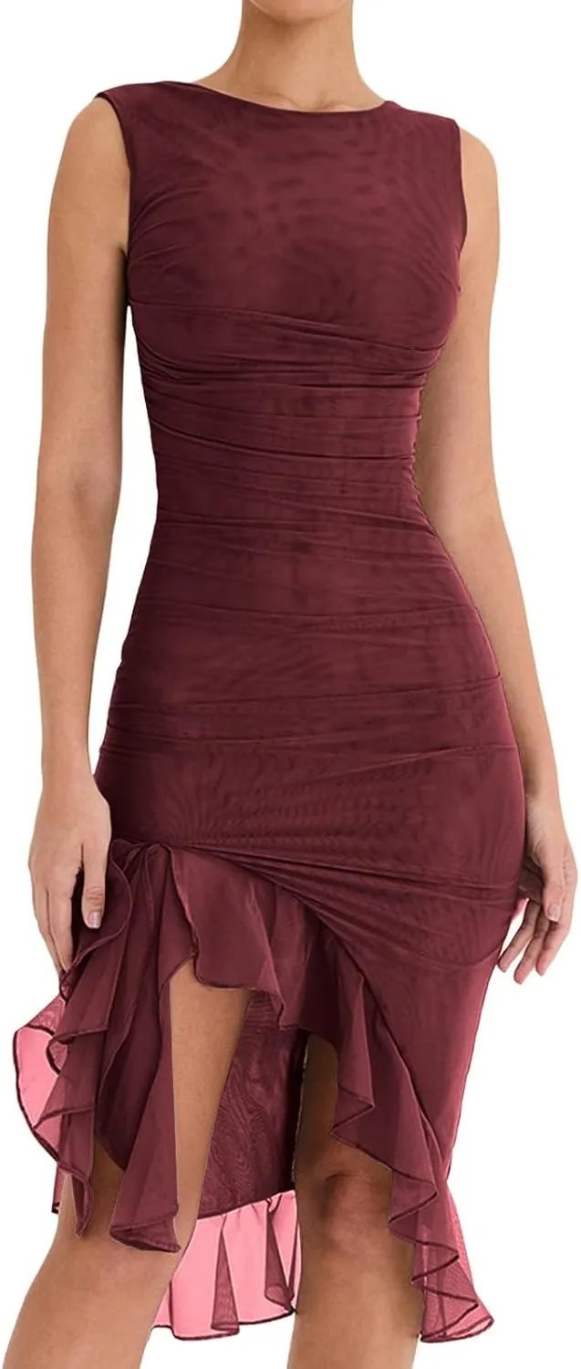 Women's Midi Bodycon Dress Ruffle Mermaid Cocktail Party Tank Dresses Y2K Open Back Dresses for Wedding Guest