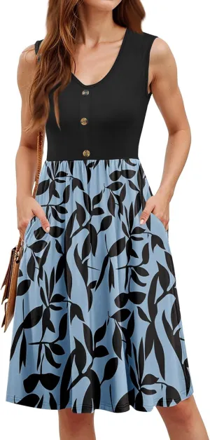 Women's Midi Bodycon Tank Dress Summer Crewneck Rib Knit Sleeveless Flowy Swing A Line Business Casual Dresses