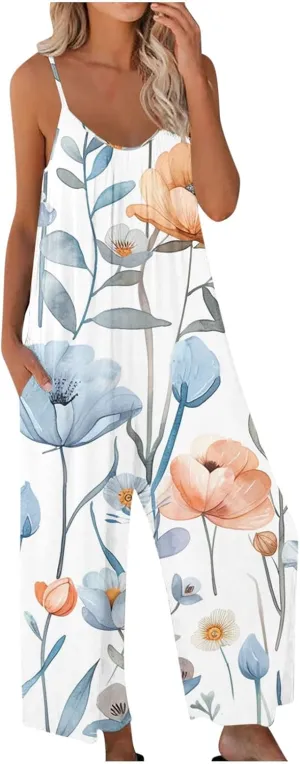 Womens Overalls Pants One Piece for Women Floral Graphic Loose Fit Flare Wide Leg Summer Fall Pants 2025