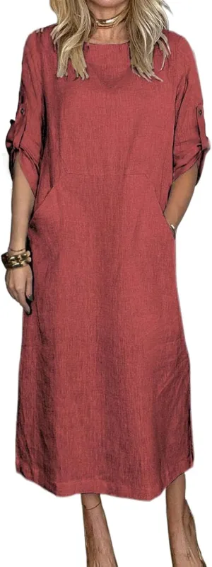 Women's Oversize Tunic Dress Cotton and Linen Long Sleeve Round Neck T Shirts Dresses Casual Solid Dress with Pockets