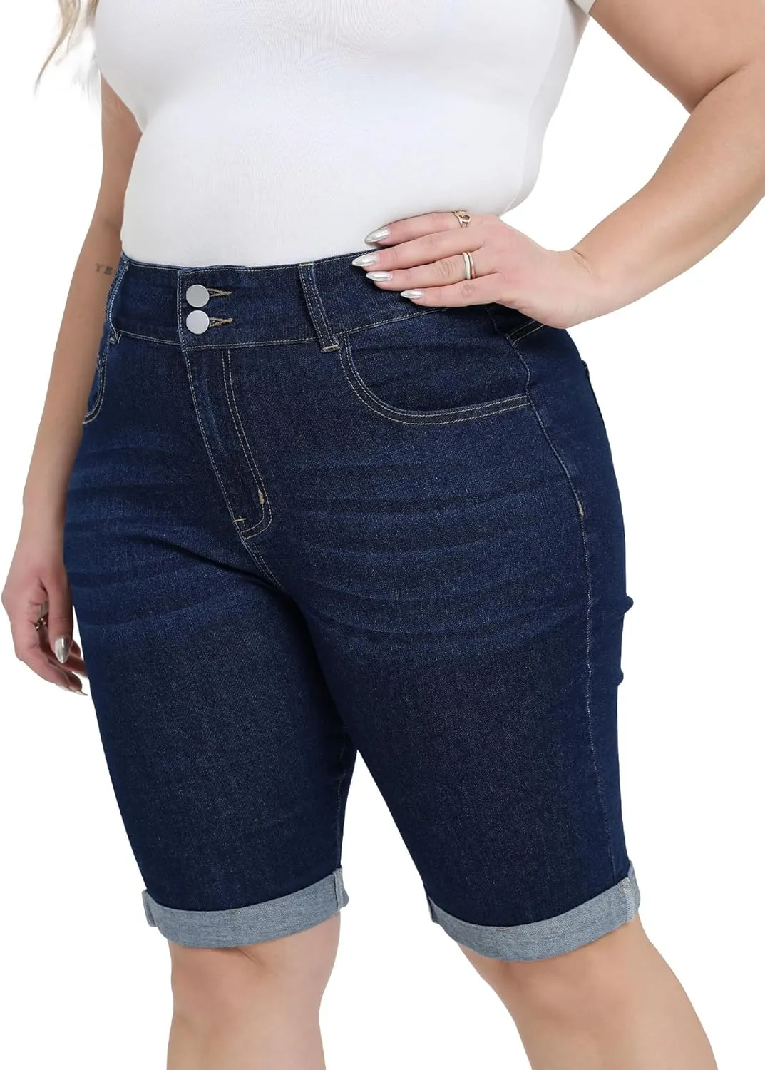 Womens Plus Size Jean Shorts High Waisted Stretchy Midi Bermuda Denim Shorts