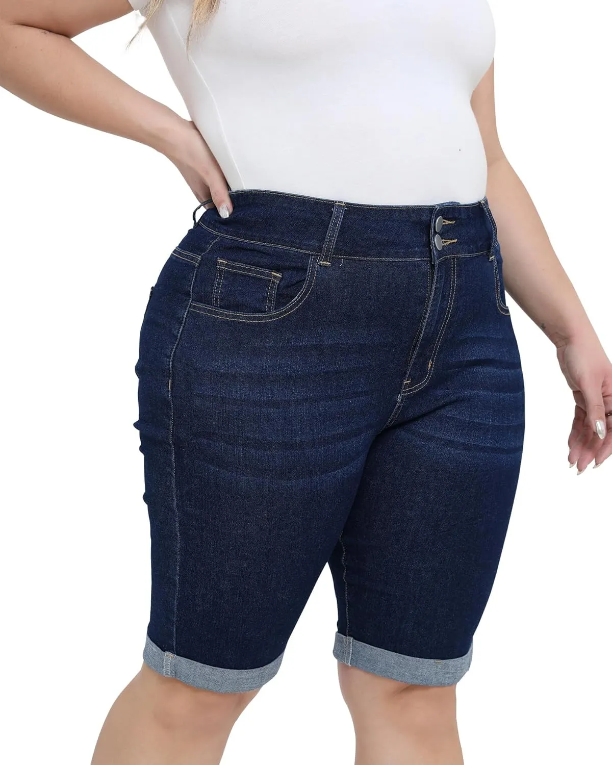 Womens Plus Size Jean Shorts High Waisted Stretchy Midi Bermuda Denim Shorts