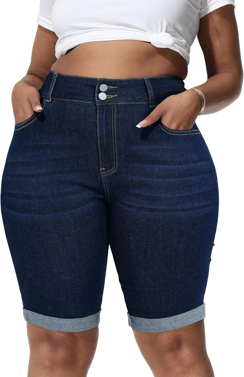 Womens Plus Size Jean Shorts High Waisted Stretchy Midi Bermuda Denim Shorts