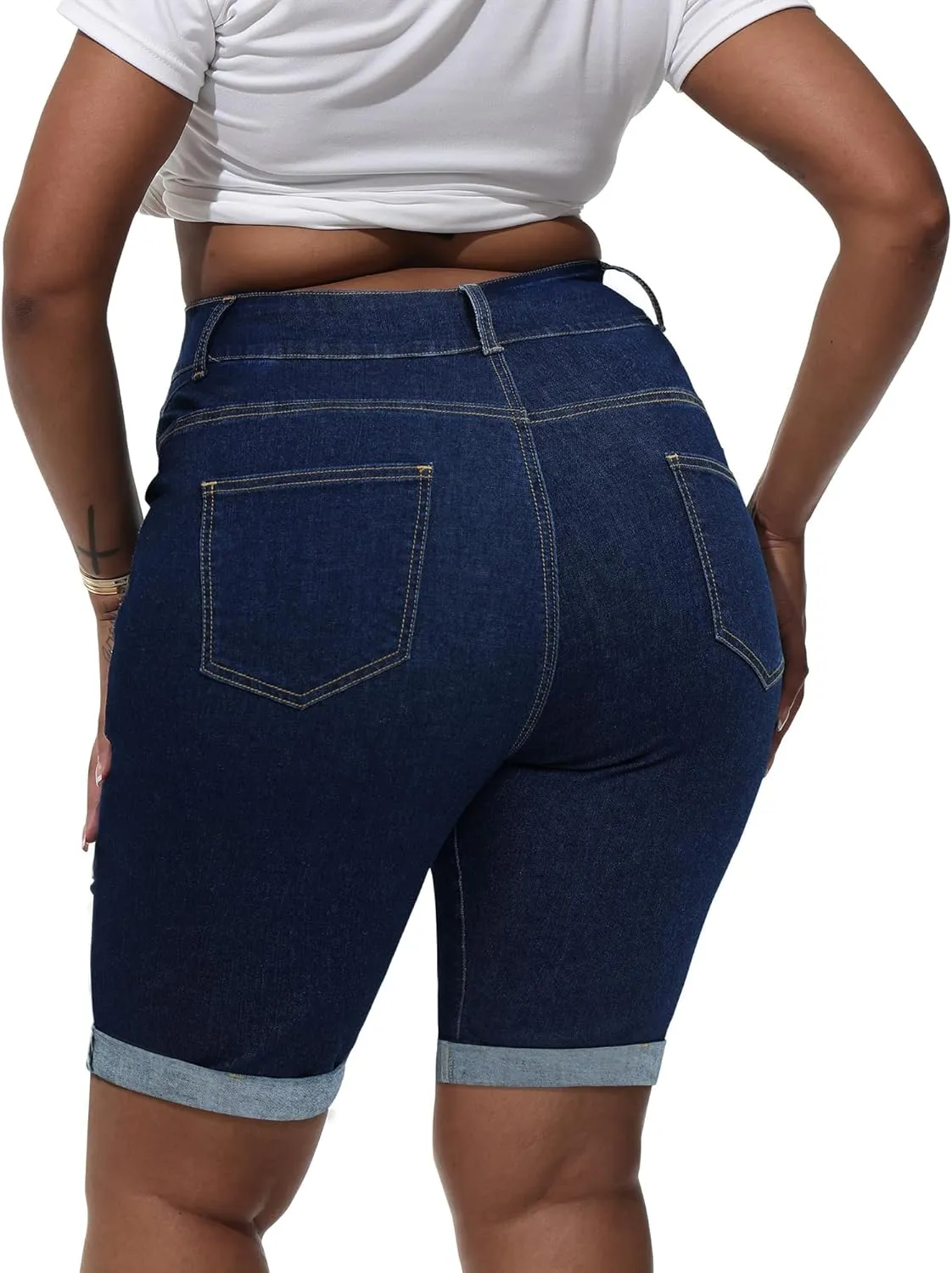 Womens Plus Size Jean Shorts High Waisted Stretchy Midi Bermuda Denim Shorts