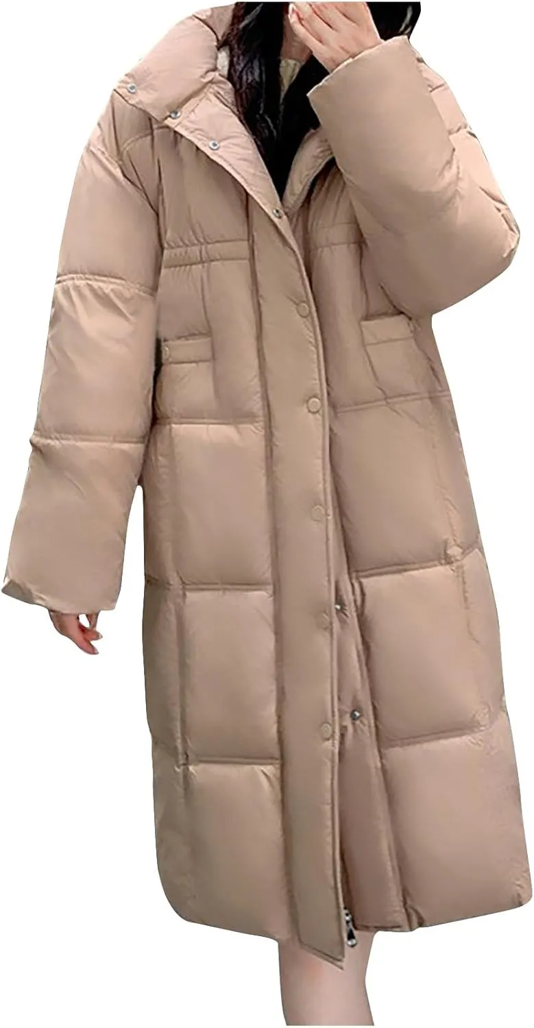 Womens Quilted Coats Long Sleeve Hooded Puffer Jackets Plus Size Down Jackets Coat Winter Maxi Length Outerwear