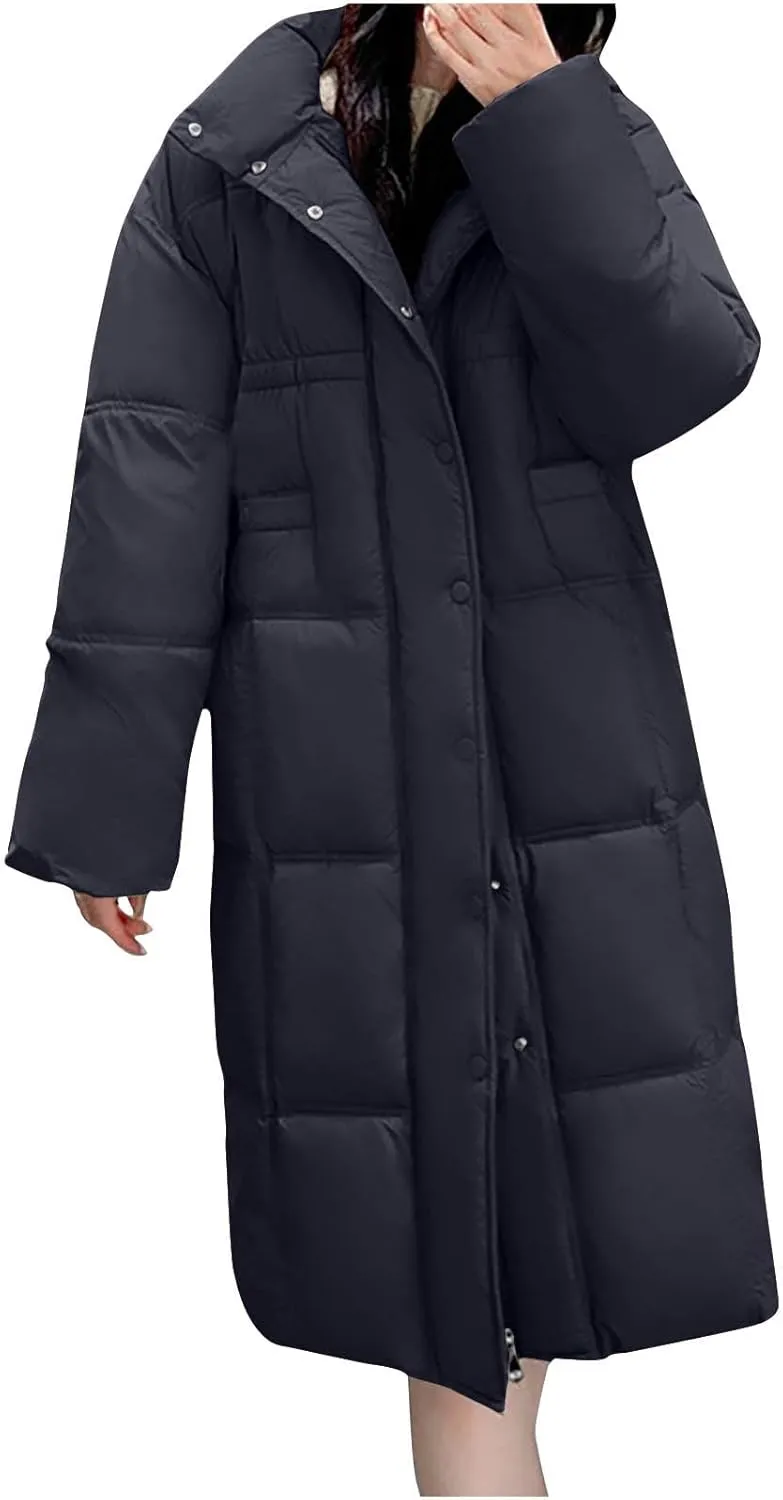 Womens Quilted Coats Long Sleeve Hooded Puffer Jackets Plus Size Down Jackets Coat Winter Maxi Length Outerwear