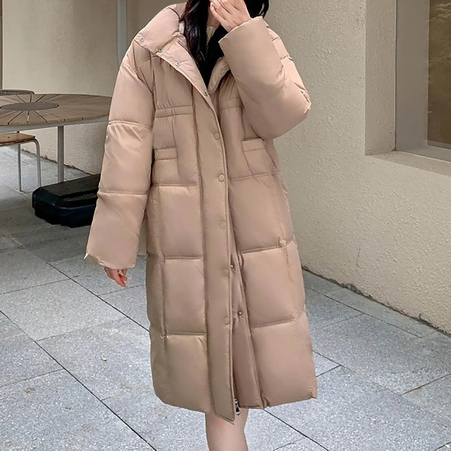 Womens Quilted Coats Long Sleeve Hooded Puffer Jackets Plus Size Down Jackets Coat Winter Maxi Length Outerwear