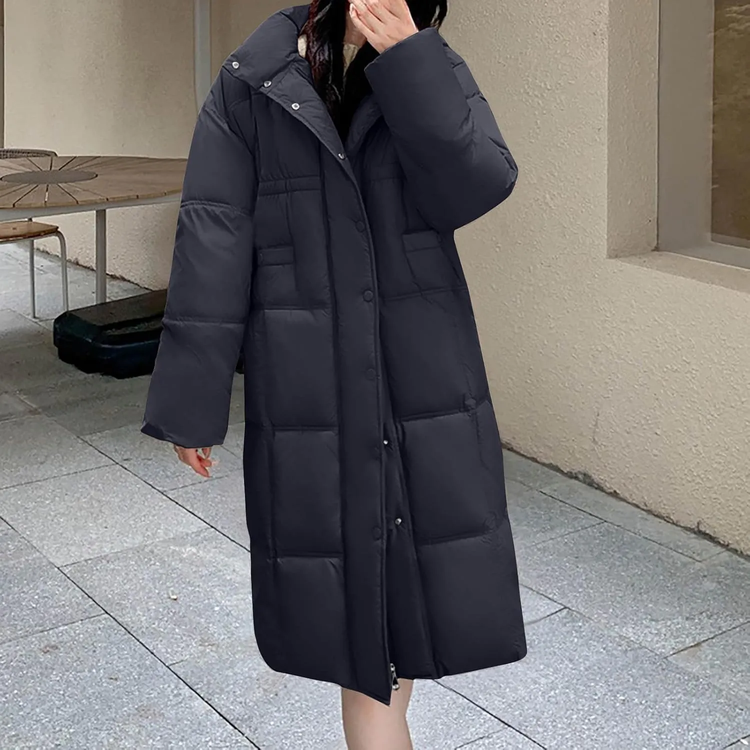 Womens Quilted Coats Long Sleeve Hooded Puffer Jackets Plus Size Down Jackets Coat Winter Maxi Length Outerwear
