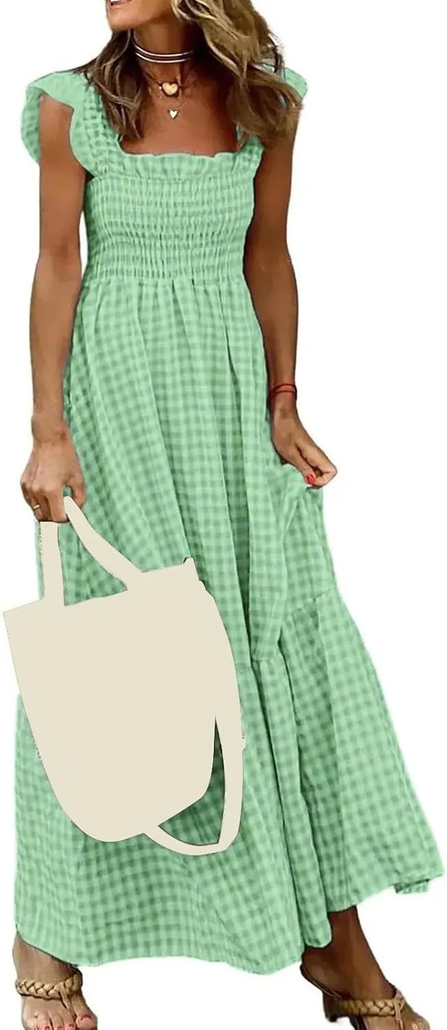 Womens Retro Plaid Smocked Dress Casual Summer Spaghetti Strap Square Neck Midi Dress Flowy A Line Long Dresses