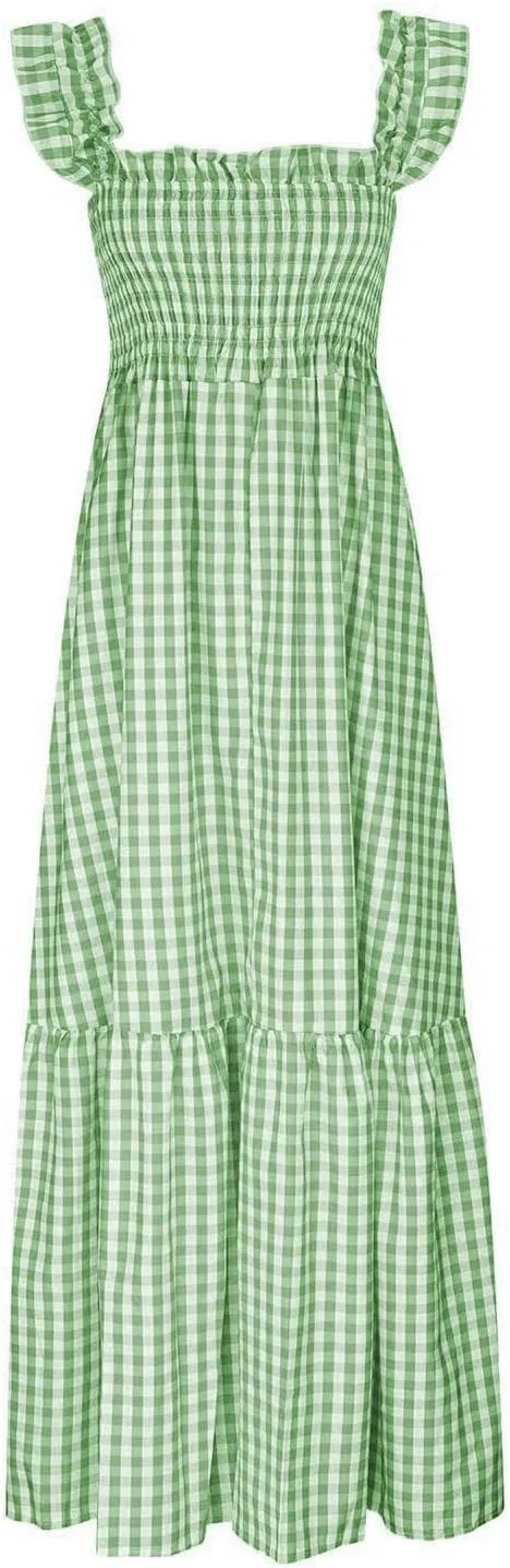 Womens Retro Plaid Smocked Dress Casual Summer Spaghetti Strap Square Neck Midi Dress Flowy A Line Long Dresses