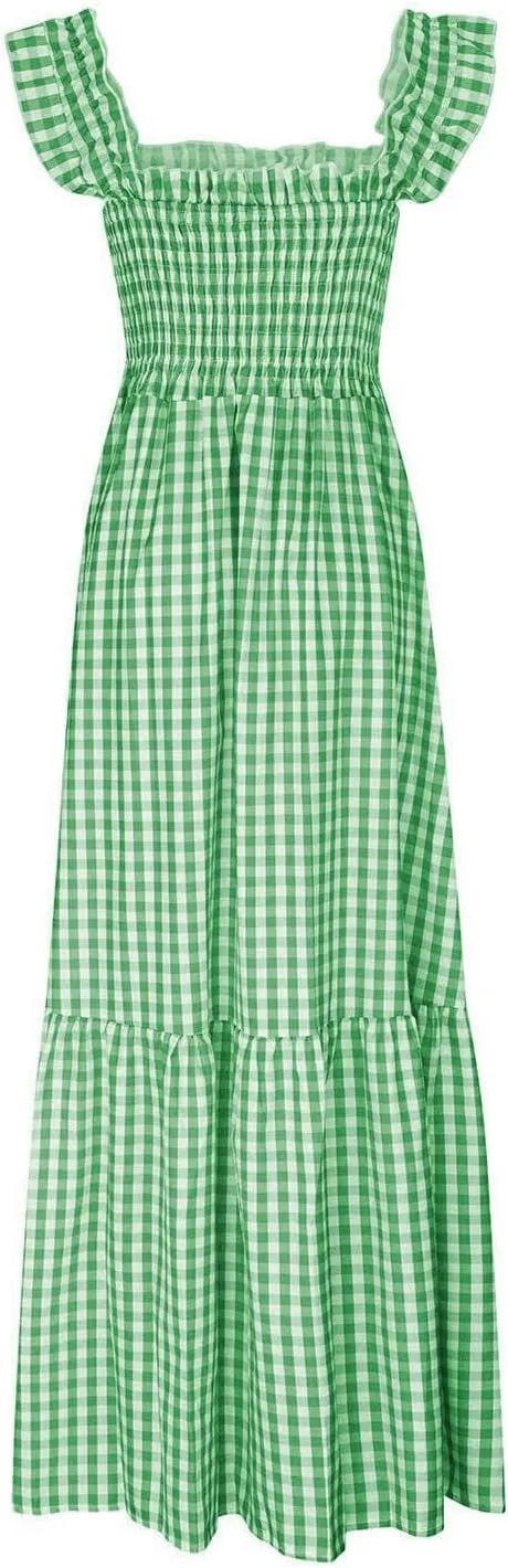 Womens Retro Plaid Smocked Dress Casual Summer Spaghetti Strap Square Neck Midi Dress Flowy A Line Long Dresses