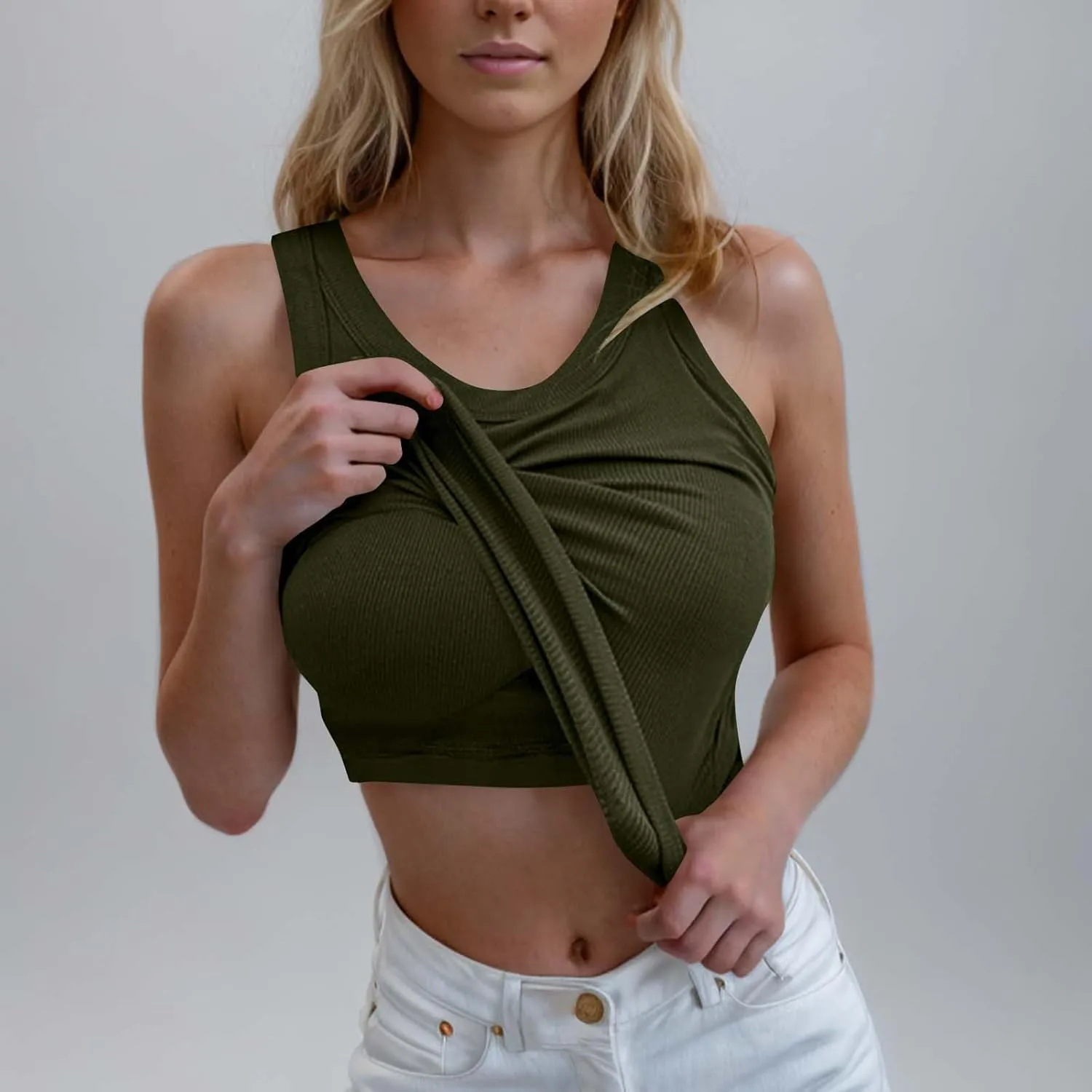Womens Ribbed Knit Tank Tops with Built in Bras Summer Slim Fitness Athletic Workout Shirts Sleeveless Gym Basic Tees