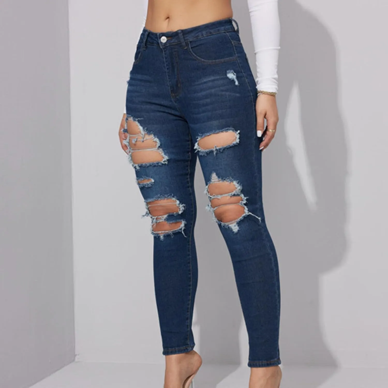 Women's Ripped Boyfriend Jeans Mid Rise Straight Leg Jeans Distressed Denim Pants Slimming Trousers with Pockets