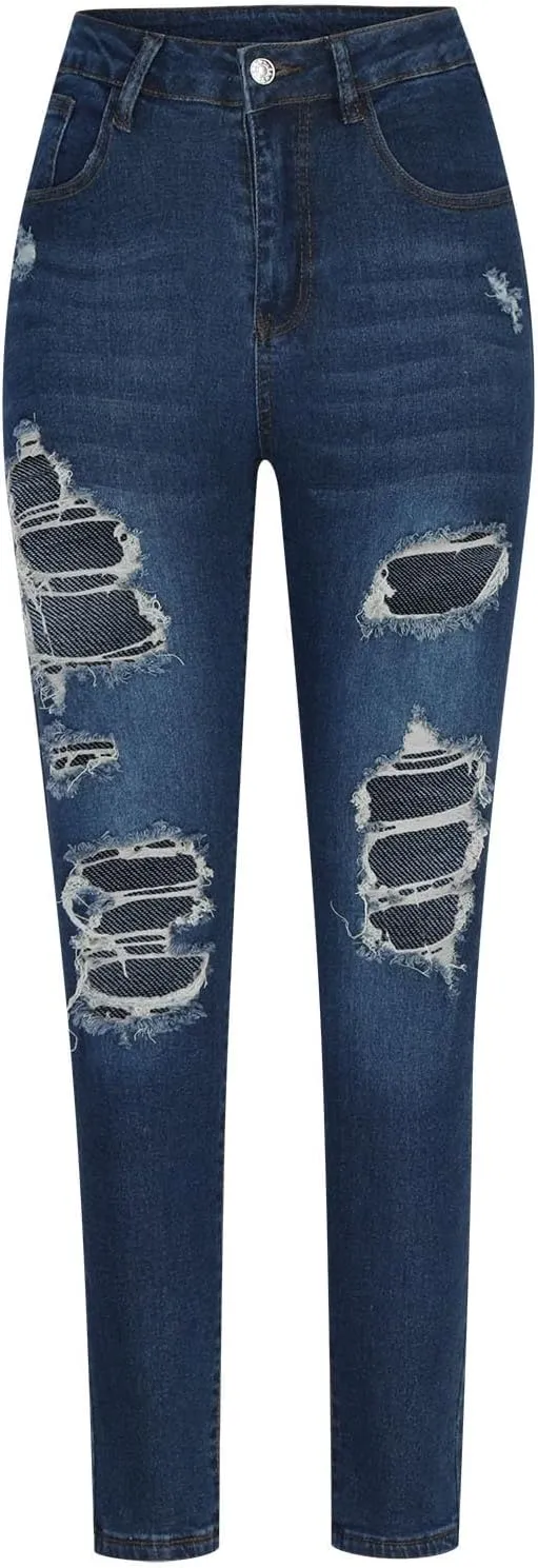 Women's Ripped Boyfriend Jeans Mid Rise Straight Leg Jeans Distressed Denim Pants Slimming Trousers with Pockets