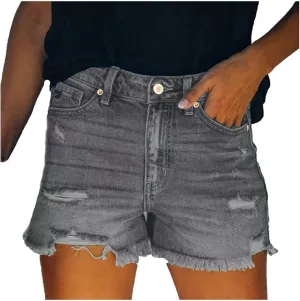 Women's Ripped Jean Shorts Mid-High Waisted Denim Shorts Stretchy Summer Hot Short Skinny Rolled Hem Shorts