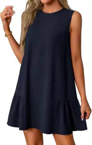 Women's Ruffle Hem Sleeveless Tank Dress Round Neck Casual Jacquard Hem Smock Summer Mini Dresses Sleeveless Dress for Women