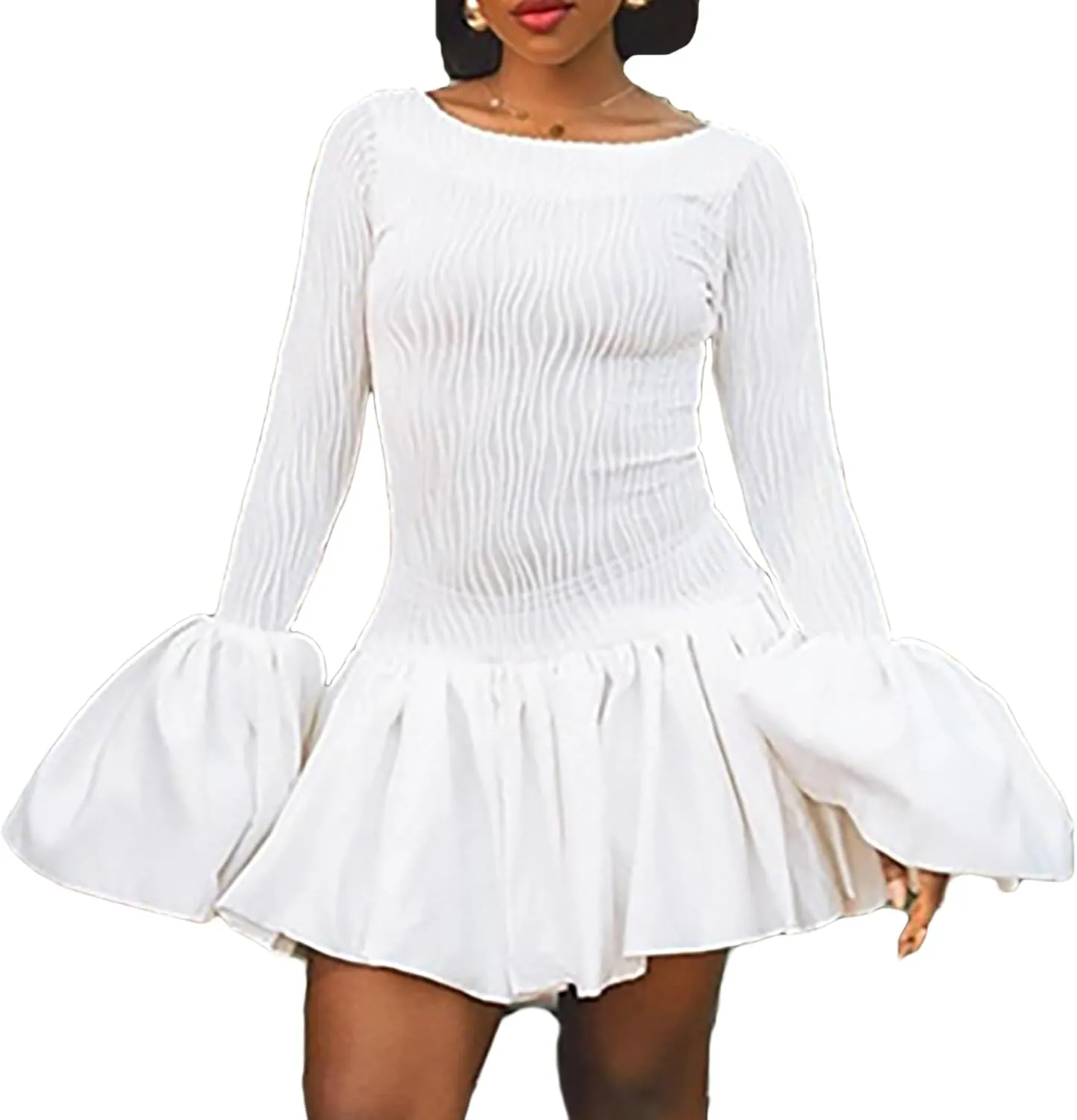 Women's Ruffle Mini Dress Bell Long Sleeve Crew Neck Sexy A Line Pleated Flowy Party Bodycon Short Dresses
