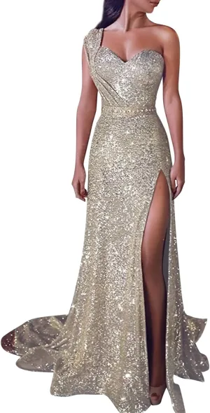 Womens Sequin Long Prom Off Shouder Formal Wedding Maxi Dress V Neck Elegant Split Sexy Cocktail Evening Long Gown