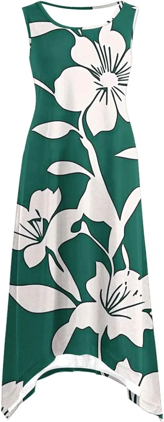 Women's Sexy Spaghetti Straps Midi Dresses Sleeveless Casual Sundress Floral Printed Flowy Beach Dress