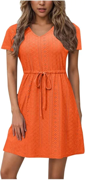 Womens Short Sleeve Dress Summer Casual Drawstring Waist Maxi Dresses Solid Trendy Vacation Rund Neck Short Dresses