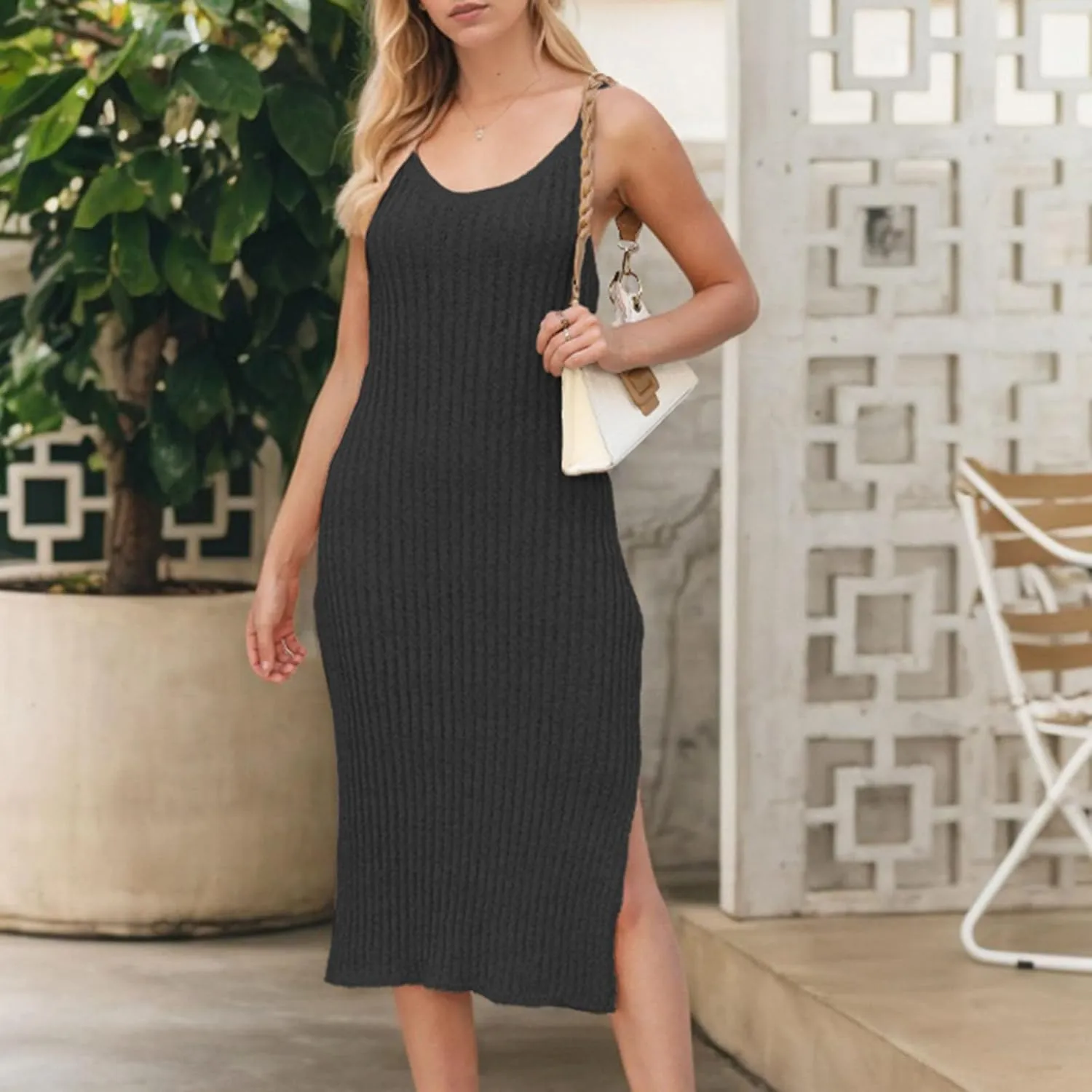 Womens Sleeveless Knitted Bodycon Dresses Slim Fit Solid Color Short Dress Summer Dresses