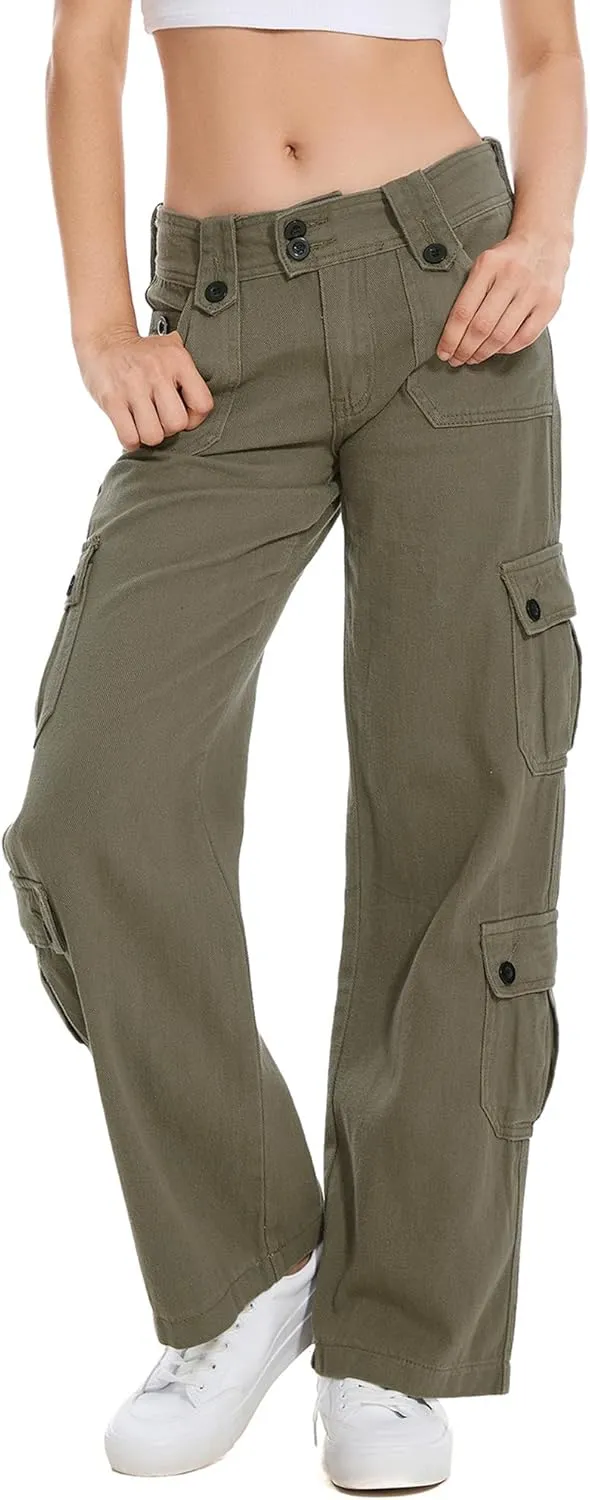 Womens Straight Wide Leg Cargo Jeans Vintage Flap Pocket Cargo Pants Baggy Y2k Pants