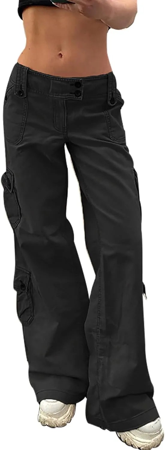 Womens Straight Wide Leg Cargo Jeans Vintage Flap Pocket Cargo Pants Baggy Y2k Pants