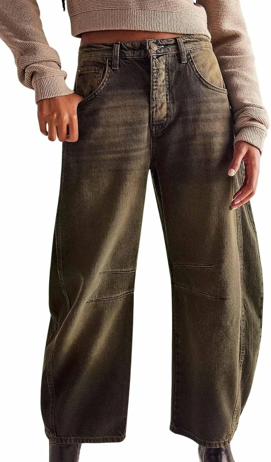 Womens Stretchy Mid Rise Barrel Jeans Vintage Loose Wide Leg Cropped Denim Pants Y2k Baggy Boyfriend Jeans