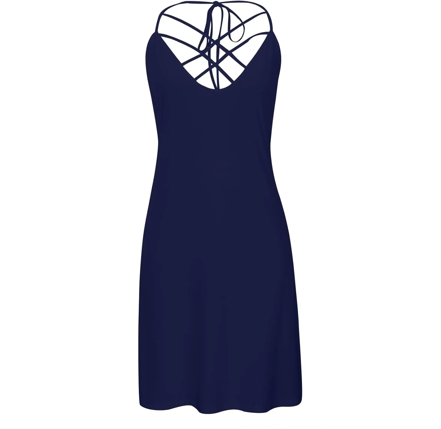 Women's Summer Beach Casual Dress Strappy Caged Scoop Neck Sleeveless Dress Flowy Swing Pocket T-Shirt Dresses