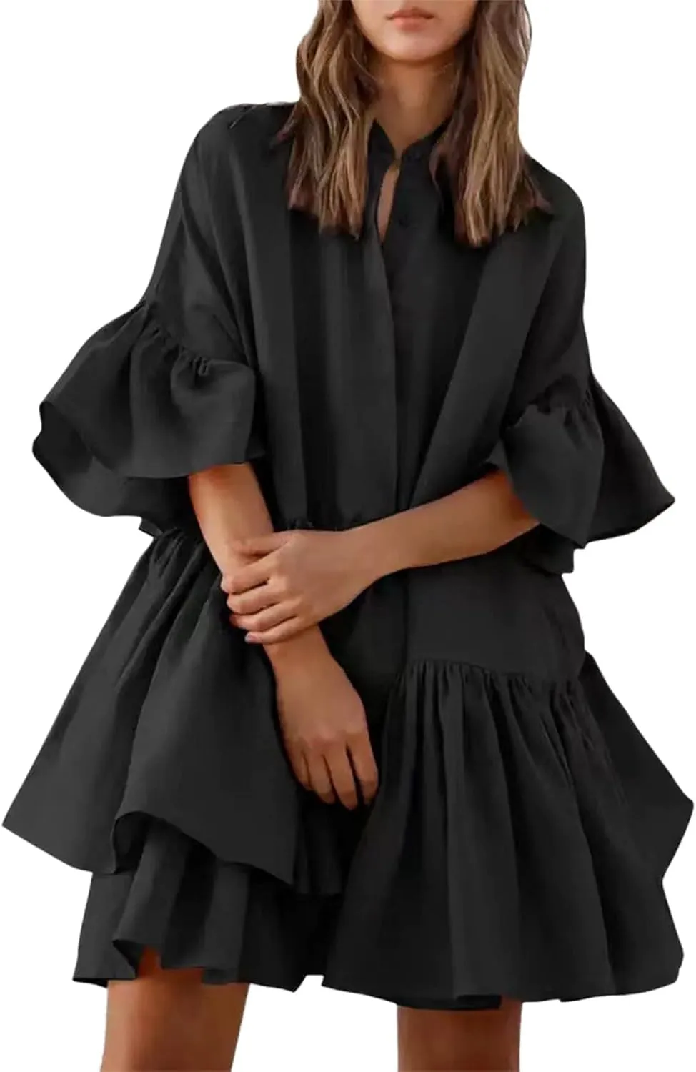 Women's Summer Button Down Shirt Dress Casual Ruffle Sleeve Shift Mini Dresses with Pockets