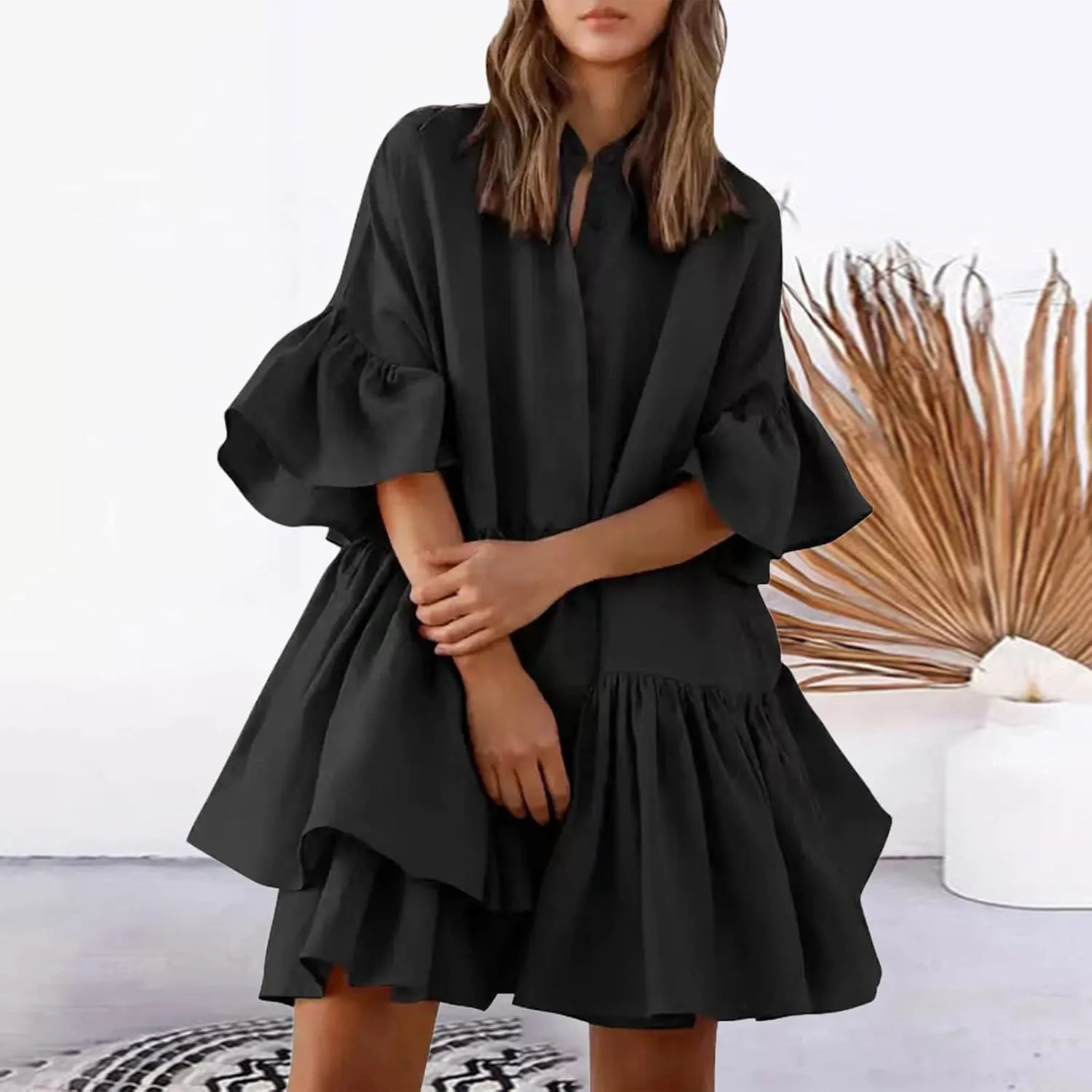 Women's Summer Button Down Shirt Dress Casual Ruffle Sleeve Shift Mini Dresses with Pockets