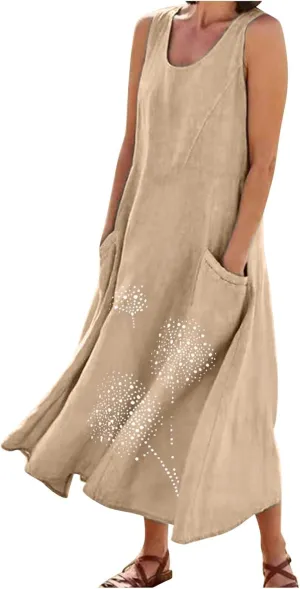 Women's Summer Casual Linen Dress Lace V Neck Sleeveless A-Line Sundresses Pleated Flowy Loose Fit Maxi Dresses