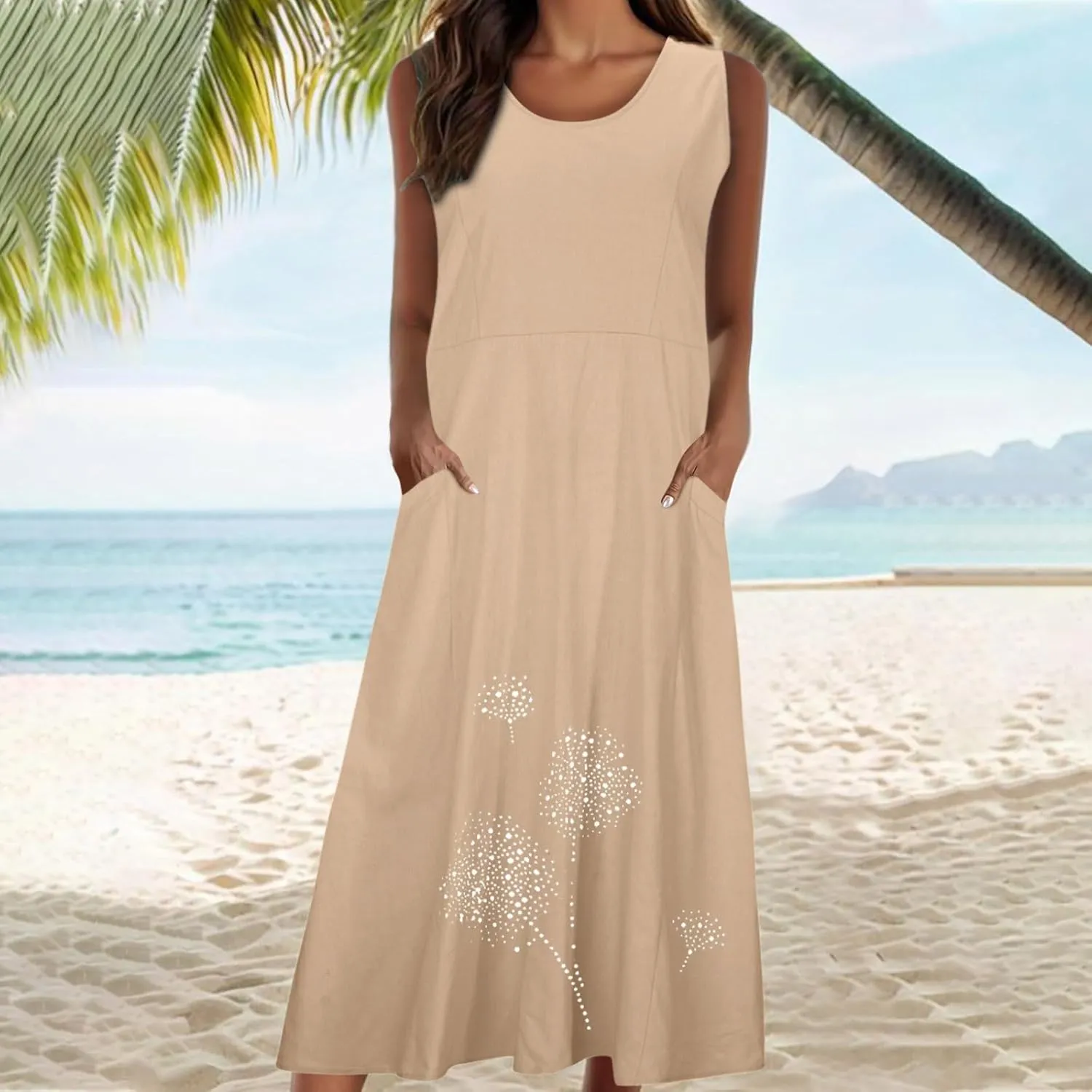 Women's Summer Casual Linen Dress Lace V Neck Sleeveless A-Line Sundresses Pleated Flowy Loose Fit Maxi Dresses