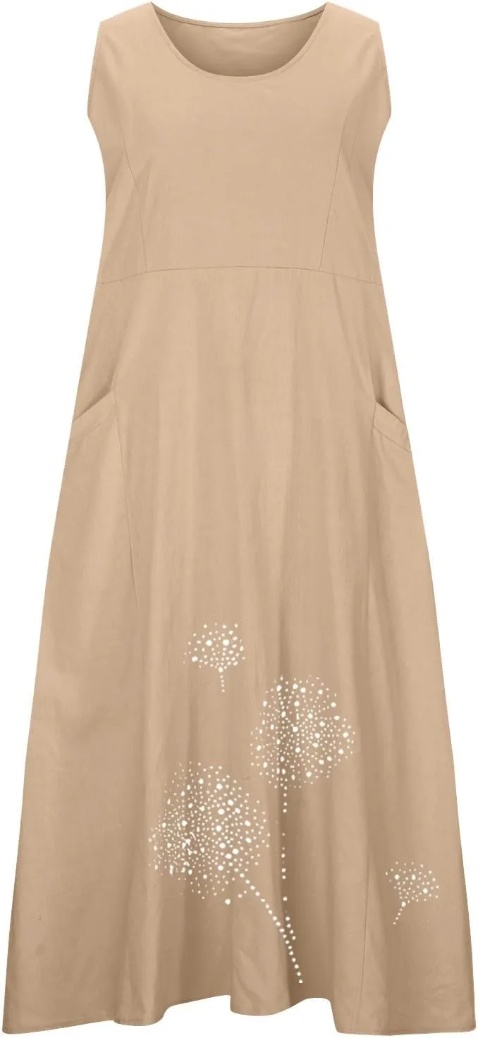 Women's Summer Casual Linen Dress Lace V Neck Sleeveless A-Line Sundresses Pleated Flowy Loose Fit Maxi Dresses