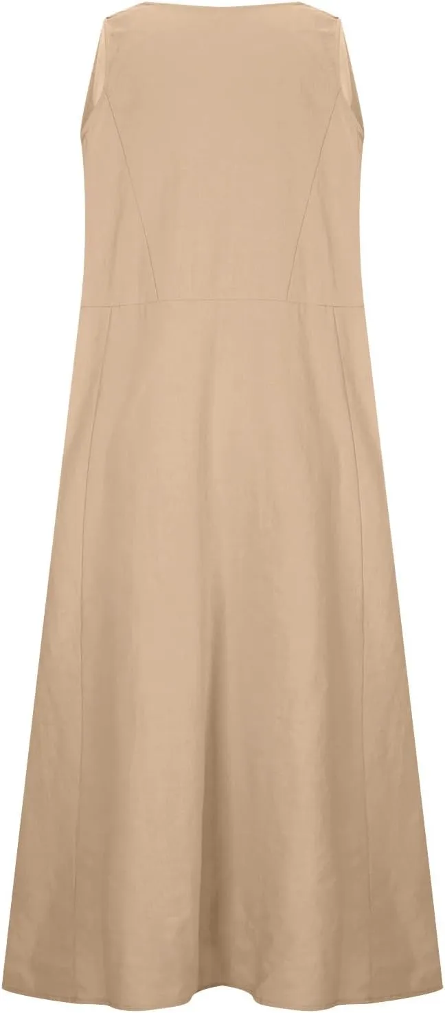 Women's Summer Casual Linen Dress Lace V Neck Sleeveless A-Line Sundresses Pleated Flowy Loose Fit Maxi Dresses