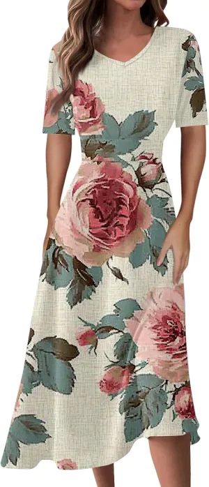 Women's Summer Casual Trendy Dress Short Sleeve V-Neck Bohemian Floral Print Elegant Maxi Dresses, S-2XL
