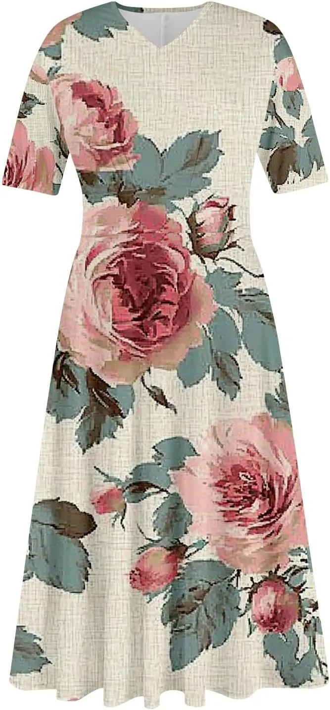 Women's Summer Casual Trendy Dress Short Sleeve V-Neck Bohemian Floral Print Elegant Maxi Dresses, S-2XL