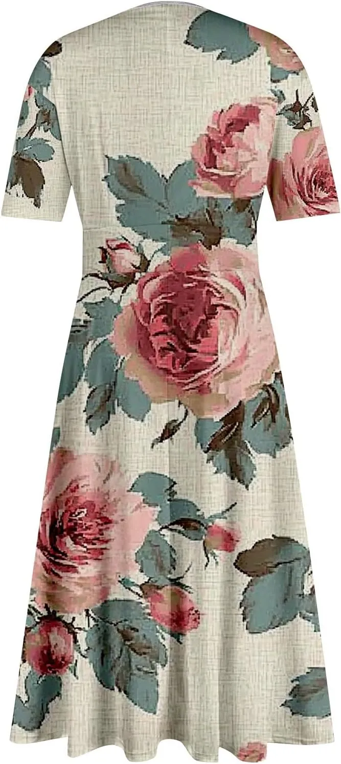 Women's Summer Casual Trendy Dress Short Sleeve V-Neck Bohemian Floral Print Elegant Maxi Dresses, S-2XL