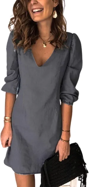 Women's Summer Denim Midi Dress V Neck Casual Long Sleeve Cotton Jean Dress Party A Line Knee Length Trendy Outfit