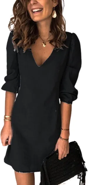 Women's Summer Denim Midi Dress V Neck Casual Long Sleeve Cotton Jean Dress Party A Line Knee Length Trendy Outfit