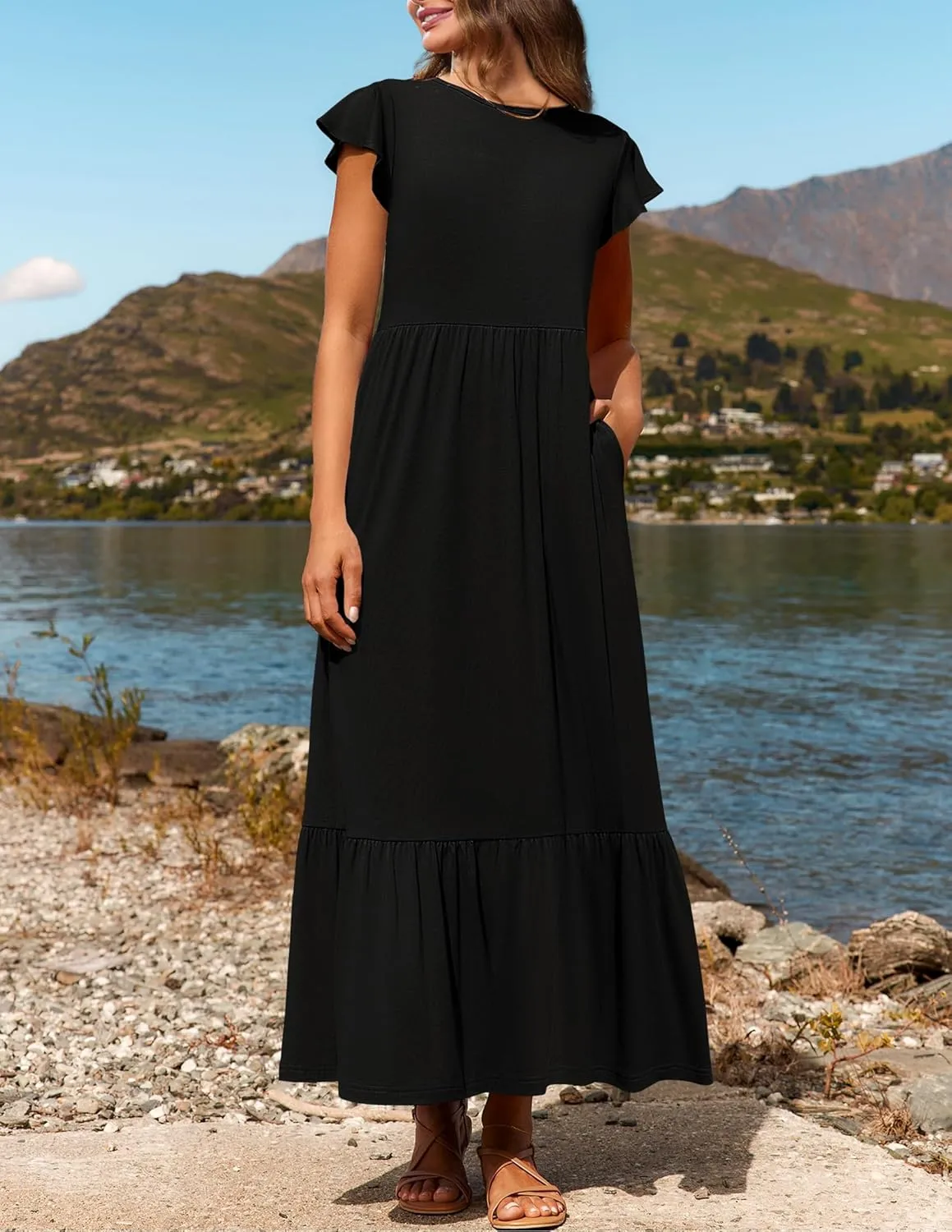 Women's Summer Dress Aline Flowy Tiered Maxi Long Beach Dress Elegant Ruffle Sleeve Crewneck Sundress Tunic Dresses
