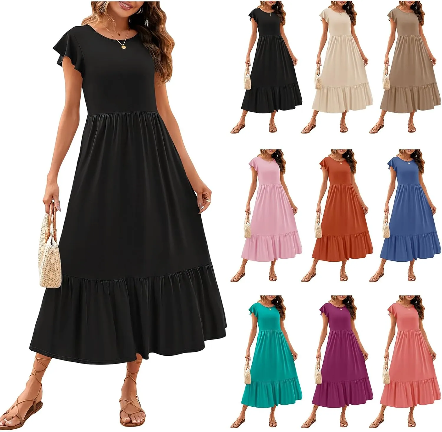 Women's Summer Dress Aline Flowy Tiered Maxi Long Beach Dress Elegant Ruffle Sleeve Crewneck Sundress Tunic Dresses
